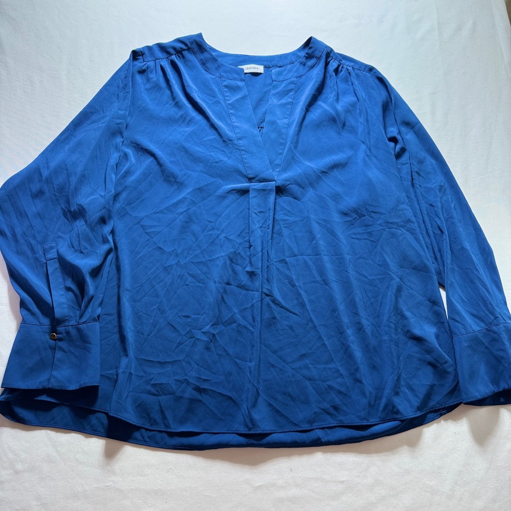 Calvin‎ Klein Womens med Blue V Neck 3/4 Sleeve Career Blouse Top Office Work